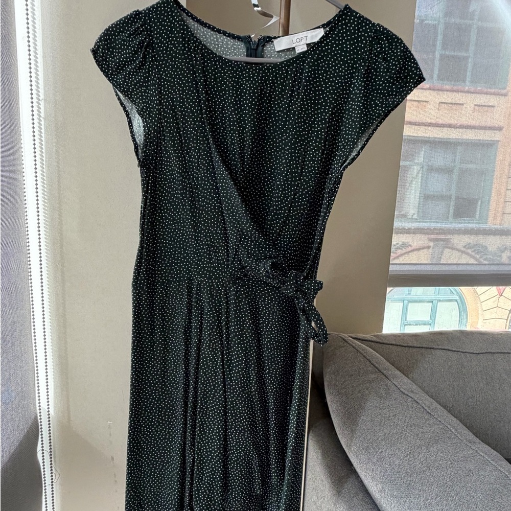 LOFT Dark Green Polka Dot Cap-Sleeve Wrap Dress